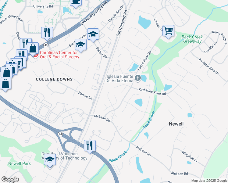 map of restaurants, bars, coffee shops, grocery stores, and more near 9350 Amy Drive in Charlotte