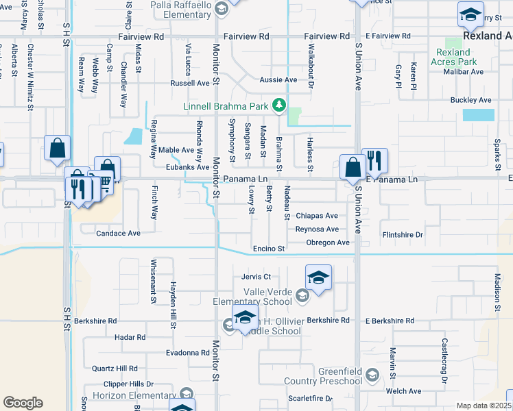 map of restaurants, bars, coffee shops, grocery stores, and more near 6603 Lowry Street in Bakersfield