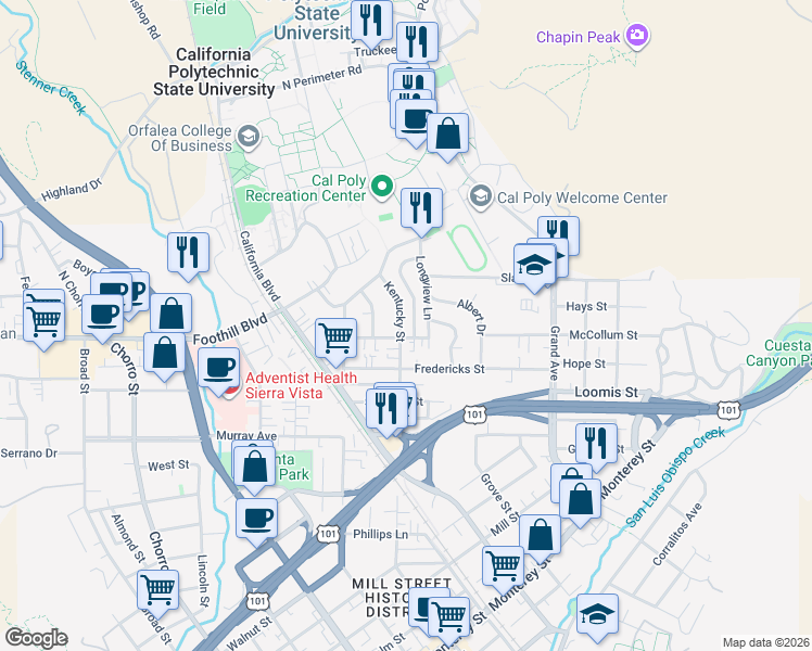 map of restaurants, bars, coffee shops, grocery stores, and more near 221 Longview Lane in San Luis Obispo