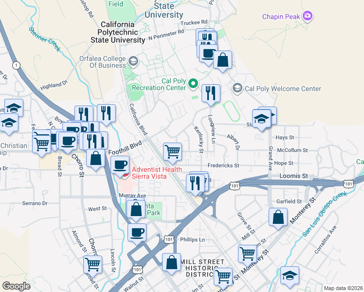 map of restaurants, bars, coffee shops, grocery stores, and more near 230 Hathway Avenue in San Luis Obispo