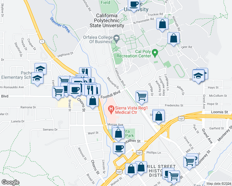map of restaurants, bars, coffee shops, grocery stores, and more near 104 Mustang Drive in San Luis Obispo