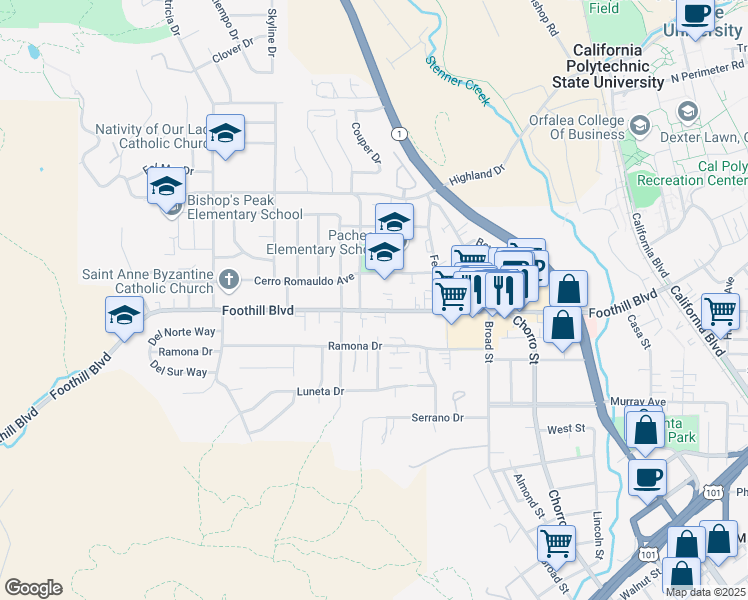 map of restaurants, bars, coffee shops, grocery stores, and more near 525 Cerro Romauldo Avenue in San Luis Obispo
