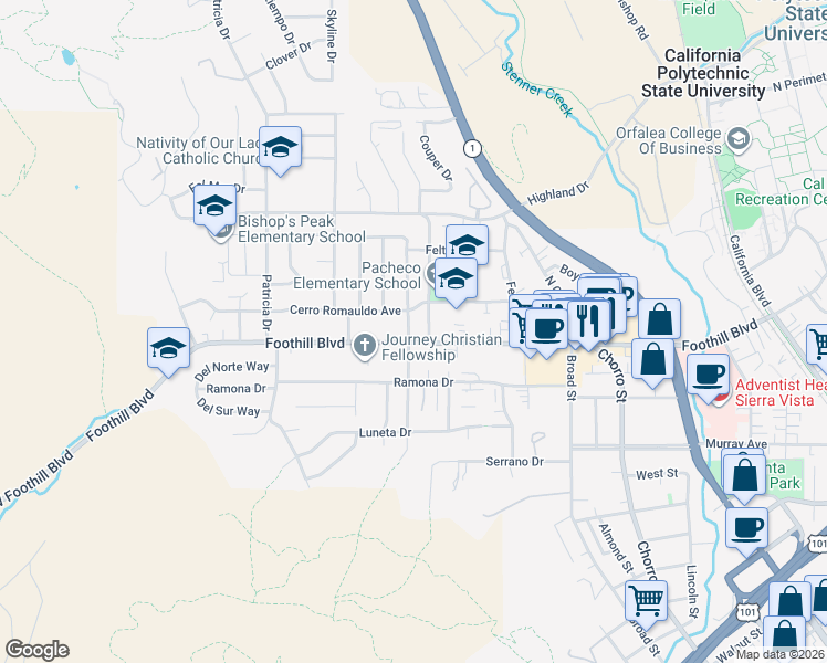 map of restaurants, bars, coffee shops, grocery stores, and more near 171 North Tassajara Drive in San Luis Obispo