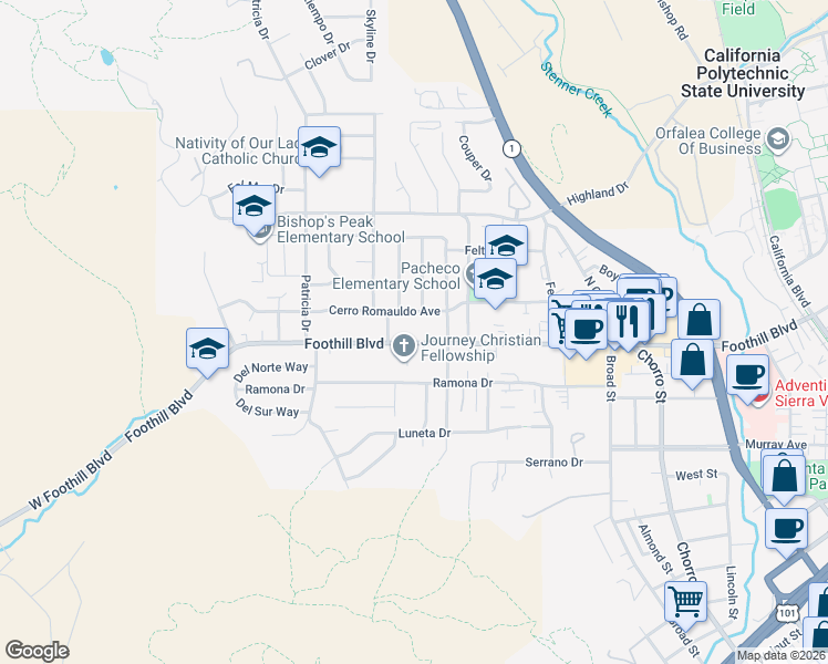 map of restaurants, bars, coffee shops, grocery stores, and more near 323 Cerro Romauldo Avenue in San Luis Obispo