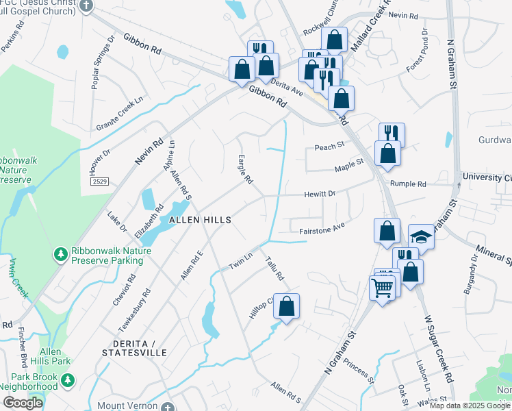 map of restaurants, bars, coffee shops, grocery stores, and more near 5535 Allen Road East in Charlotte