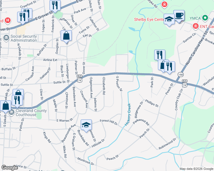 map of restaurants, bars, coffee shops, grocery stores, and more near 932 Elizabeth Road in Shelby