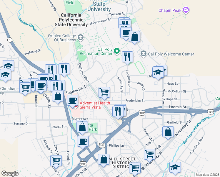 map of restaurants, bars, coffee shops, grocery stores, and more near 230 Hathway Avenue in San Luis Obispo