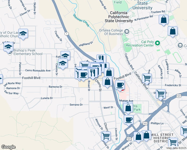 map of restaurants, bars, coffee shops, grocery stores, and more near 881 Boysen Avenue in San Luis Obispo