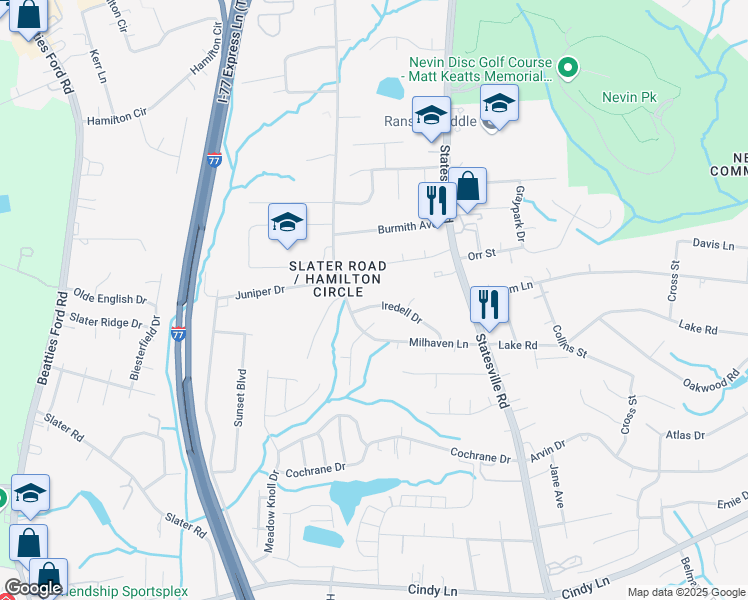 map of restaurants, bars, coffee shops, grocery stores, and more near 3025 Iredell Drive in Charlotte