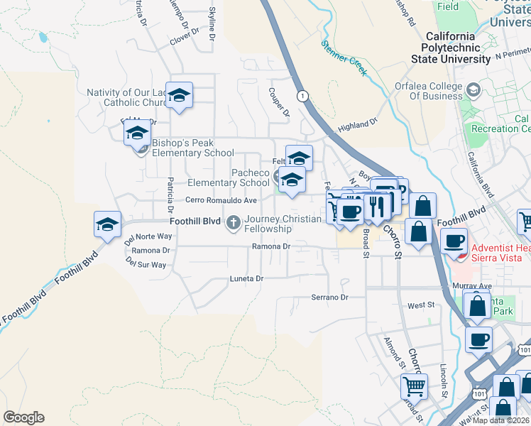 map of restaurants, bars, coffee shops, grocery stores, and more near 171 North Tassajara Drive in San Luis Obispo