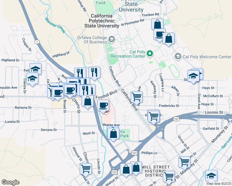 map of restaurants, bars, coffee shops, grocery stores, and more near 1196 Foothill Boulevard in San Luis Obispo
