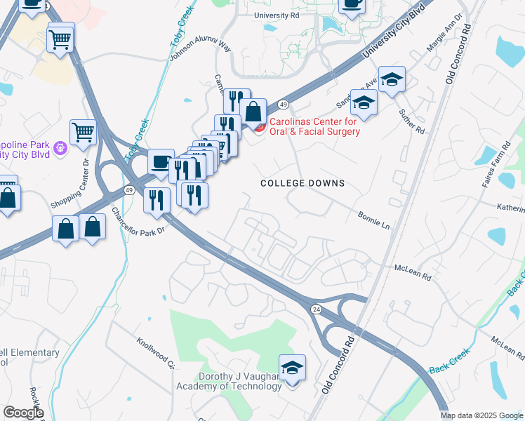 map of restaurants, bars, coffee shops, grocery stores, and more near 9277 Meadow Vista Road in Charlotte