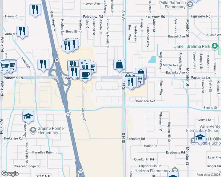 map of restaurants, bars, coffee shops, grocery stores, and more near 6504 Hidden Cove Court in Bakersfield