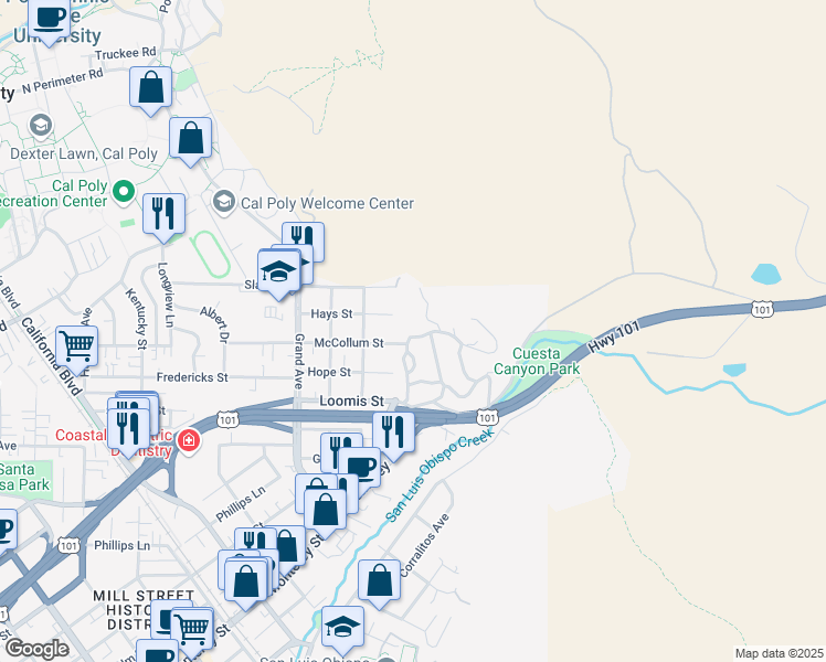 map of restaurants, bars, coffee shops, grocery stores, and more near 279 Buena Vista Avenue in San Luis Obispo