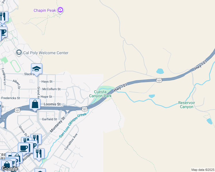 map of restaurants, bars, coffee shops, grocery stores, and more near 2298 Santa Ynez Avenue in San Luis Obispo