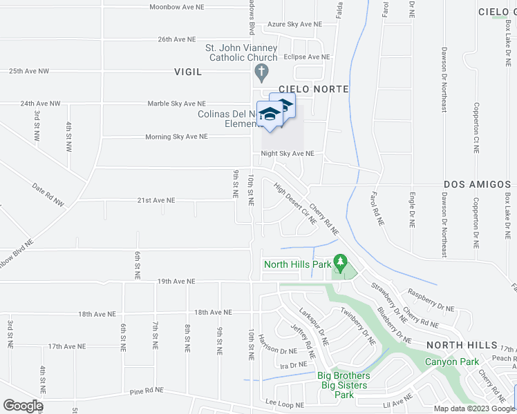 map of restaurants, bars, coffee shops, grocery stores, and more near 2145 High Desert Circle Northeast in Rio Rancho