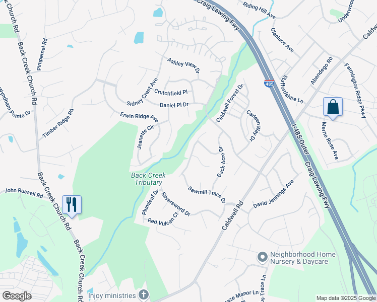 map of restaurants, bars, coffee shops, grocery stores, and more near 13223 Ashley Meadow Drive in Charlotte
