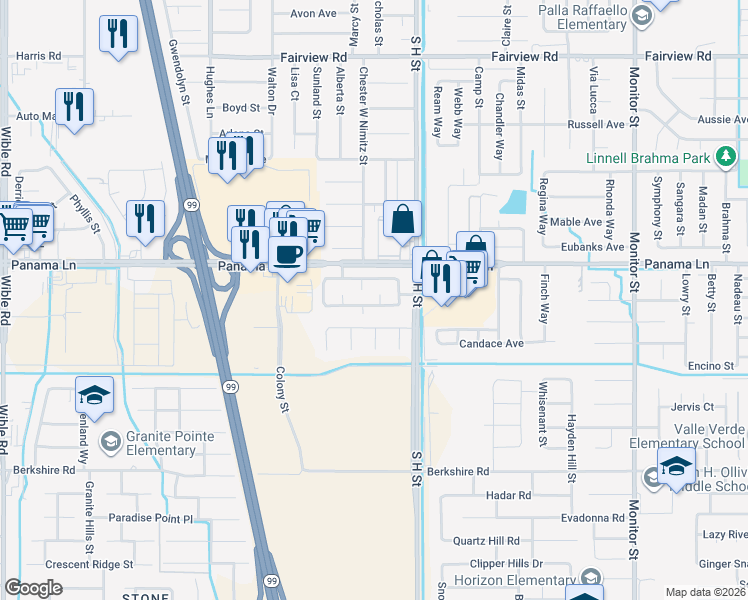 map of restaurants, bars, coffee shops, grocery stores, and more near 6504 Hidden Cove Court in Bakersfield