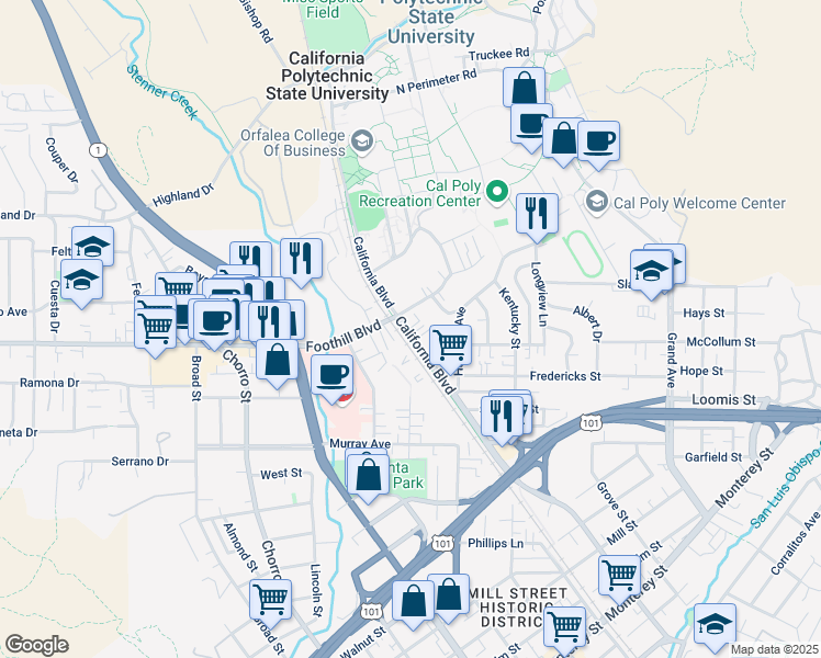 map of restaurants, bars, coffee shops, grocery stores, and more near 216 California Boulevard in San Luis Obispo