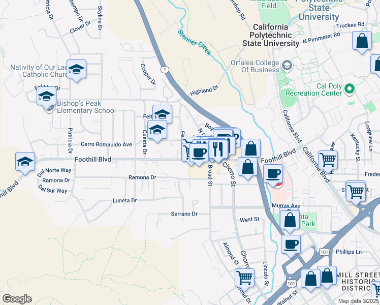 map of restaurants, bars, coffee shops, grocery stores, and more near 154 Ferrini Road in San Luis Obispo