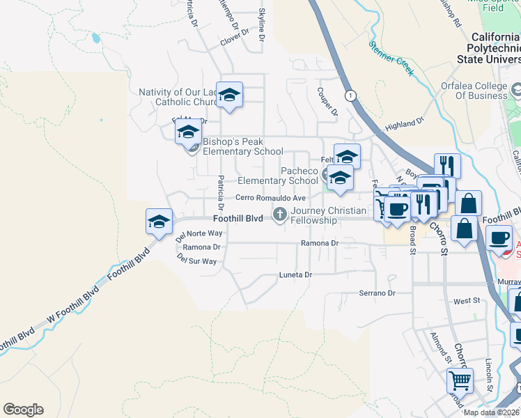 map of restaurants, bars, coffee shops, grocery stores, and more near in San Luis Obispo