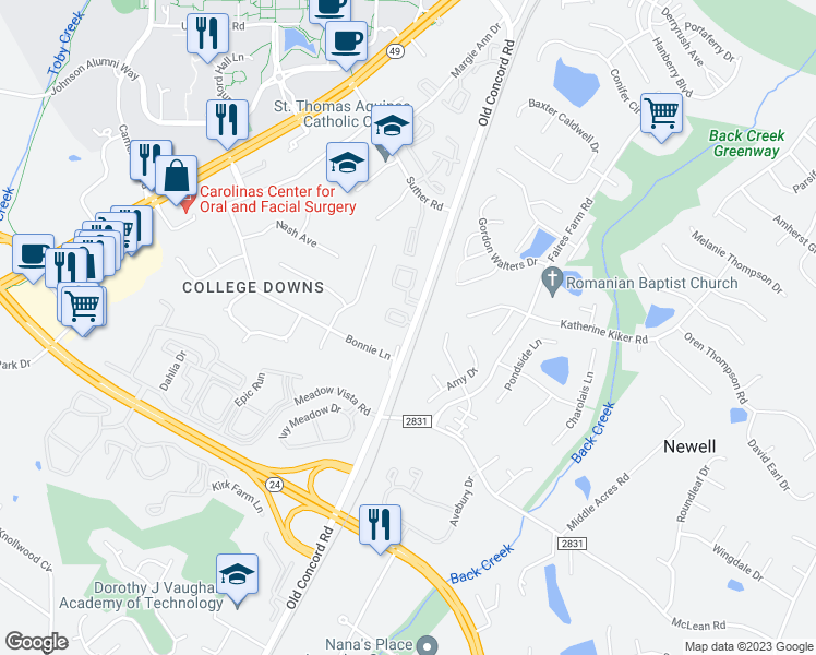 map of restaurants, bars, coffee shops, grocery stores, and more near 9409 Old Concord Road in Charlotte