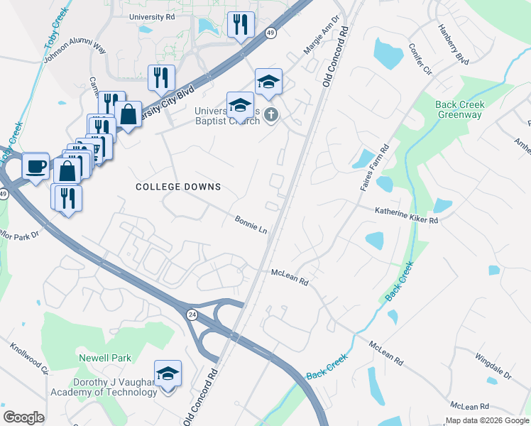 map of restaurants, bars, coffee shops, grocery stores, and more near 9410 Robert Burns Court in Charlotte