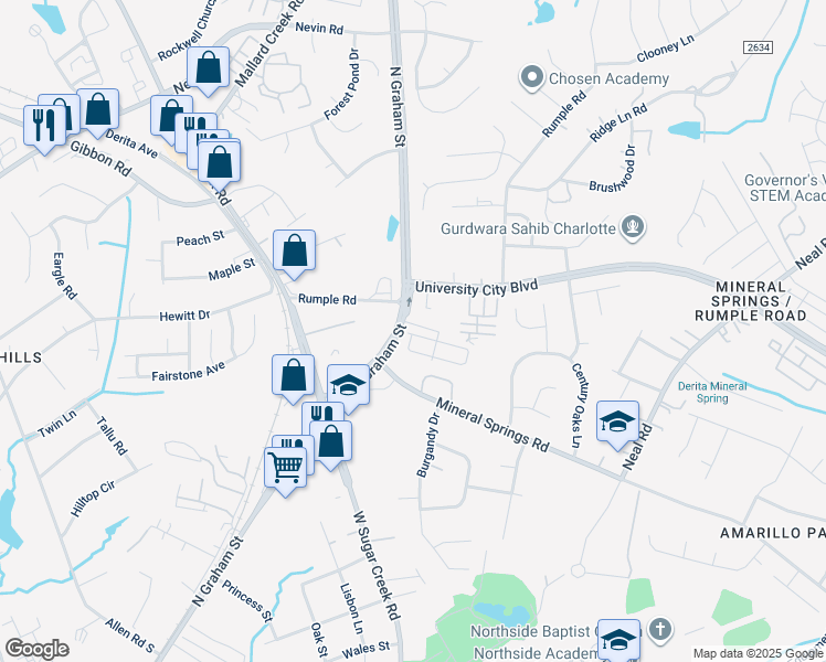 map of restaurants, bars, coffee shops, grocery stores, and more near 6300 Rumple Road in Charlotte