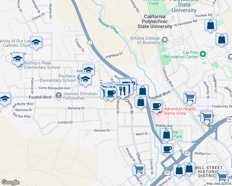 map of restaurants, bars, coffee shops, grocery stores, and more near 229 North Chorro Street in San Luis Obispo