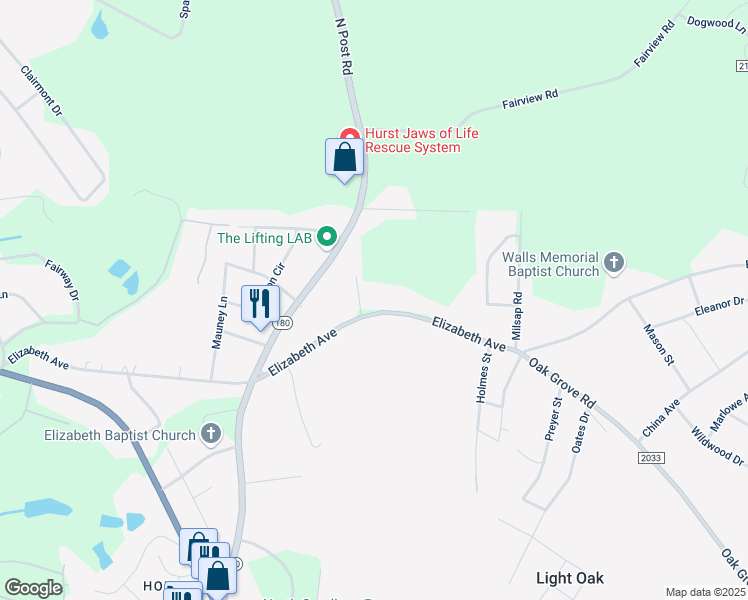 map of restaurants, bars, coffee shops, grocery stores, and more near 2005 Elizabeth Avenue in Shelby