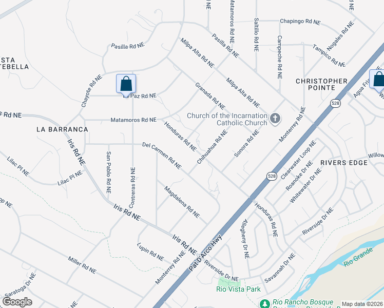 map of restaurants, bars, coffee shops, grocery stores, and more near 6416 Honduras Road Northeast in Rio Rancho