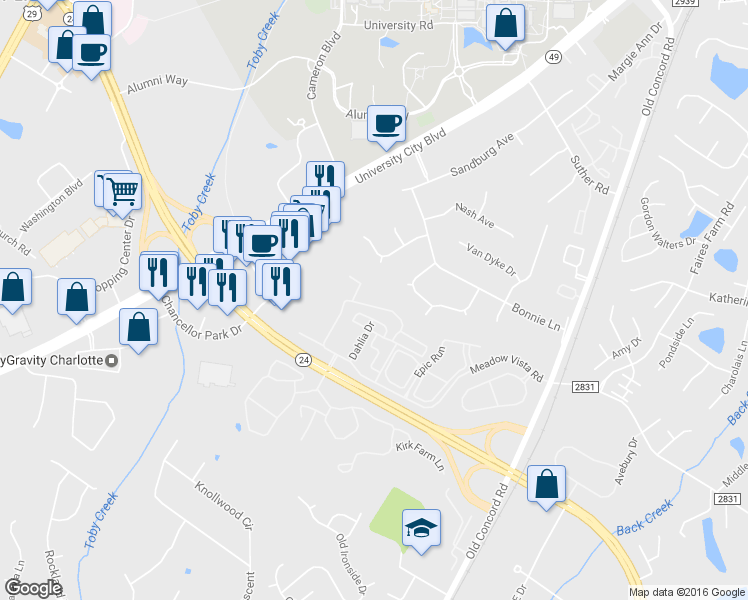 map of restaurants, bars, coffee shops, grocery stores, and more near 9283 Meadow Vista Road in Charlotte
