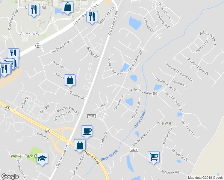 map of restaurants, bars, coffee shops, grocery stores, and more near 9411 White Cedar Court in Charlotte