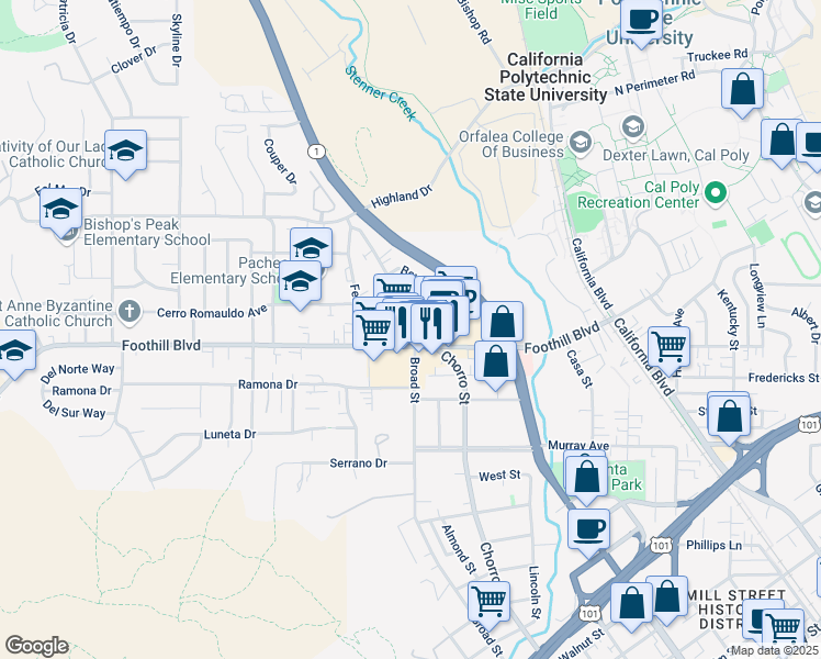 map of restaurants, bars, coffee shops, grocery stores, and more near 229 North Chorro Street in San Luis Obispo