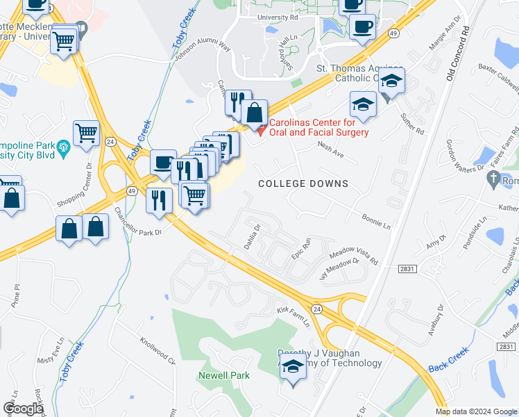 map of restaurants, bars, coffee shops, grocery stores, and more near 9281 Meadow Vista Road in Charlotte