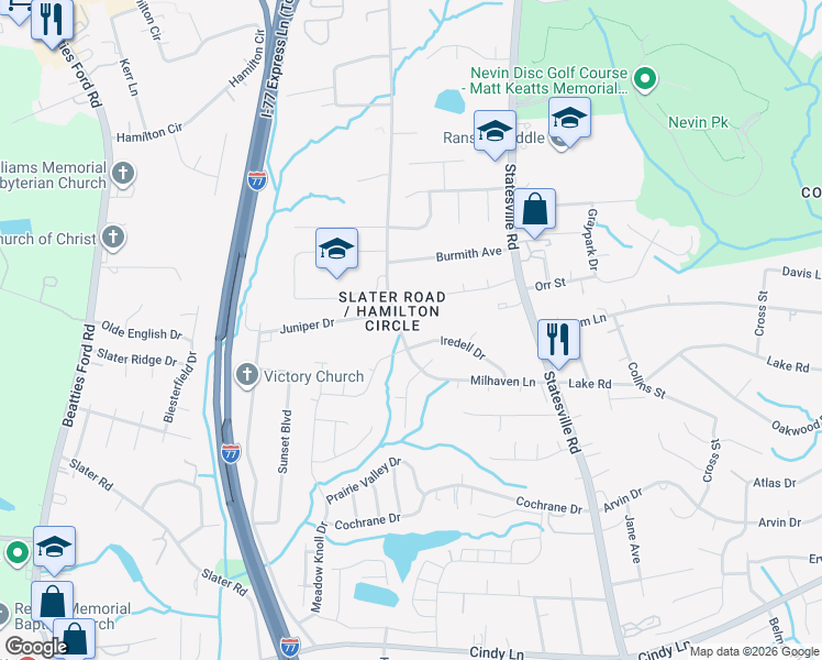 map of restaurants, bars, coffee shops, grocery stores, and more near 5420 Milhaven Lane in Charlotte