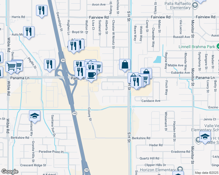 map of restaurants, bars, coffee shops, grocery stores, and more near 6504 Hidden Cove Court in Bakersfield
