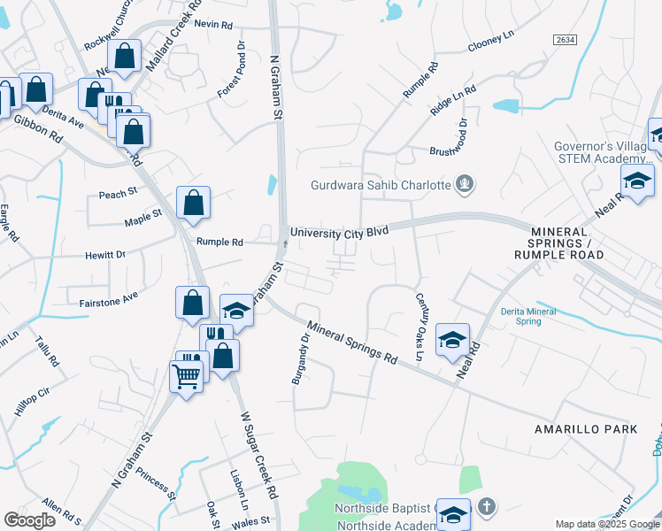 map of restaurants, bars, coffee shops, grocery stores, and more near 5340 University City Boulevard in Charlotte