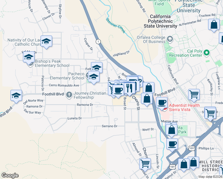 map of restaurants, bars, coffee shops, grocery stores, and more near 140 Ferrini Road in San Luis Obispo