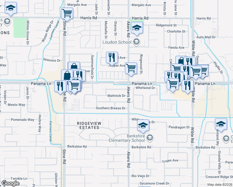 map of restaurants, bars, coffee shops, grocery stores, and more near 4117 Northwind Drive in Bakersfield