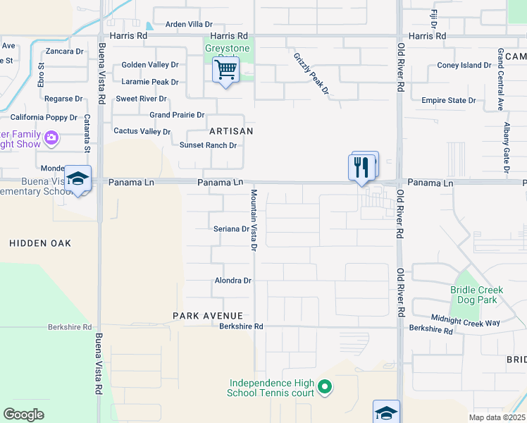 map of restaurants, bars, coffee shops, grocery stores, and more near 10500 Valverde Drive in Bakersfield