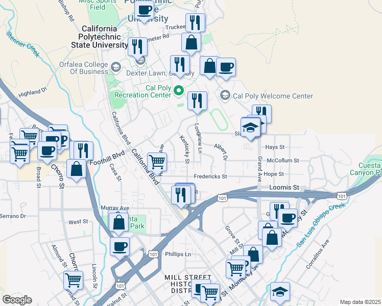 map of restaurants, bars, coffee shops, grocery stores, and more near 221 Longview Lane in San Luis Obispo