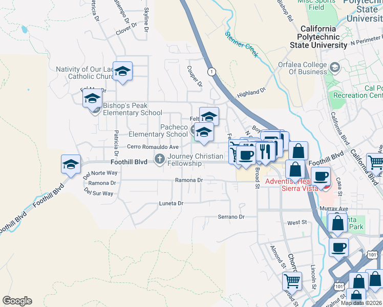 map of restaurants, bars, coffee shops, grocery stores, and more near 525 Cerro Romauldo Avenue in San Luis Obispo