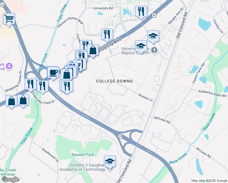 map of restaurants, bars, coffee shops, grocery stores, and more near 9107 Joyce Kilmer Drive in Charlotte