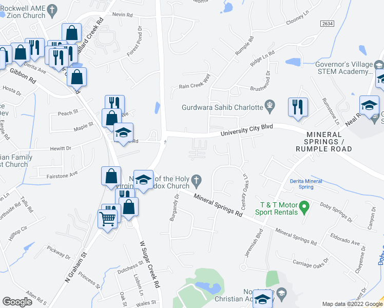 map of restaurants, bars, coffee shops, grocery stores, and more near 5340 University City Boulevard in Charlotte