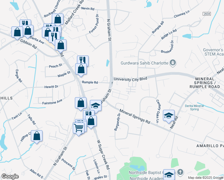 map of restaurants, bars, coffee shops, grocery stores, and more near 6300 Rumple Road in Charlotte
