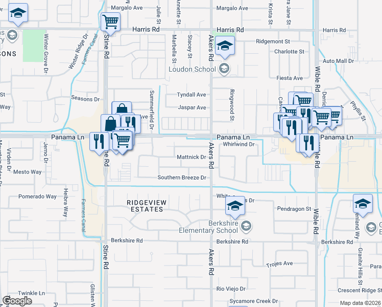 map of restaurants, bars, coffee shops, grocery stores, and more near 4117 Northwind Drive in Bakersfield