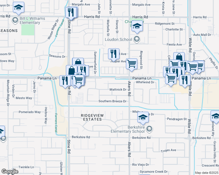 map of restaurants, bars, coffee shops, grocery stores, and more near 4304 Mattnick Drive in Bakersfield