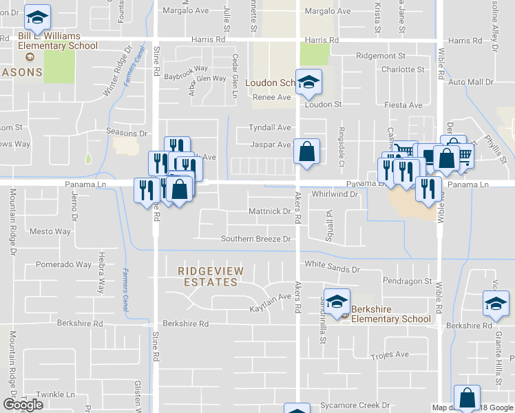 map of restaurants, bars, coffee shops, grocery stores, and more near 4224 Mattnick Drive in Bakersfield