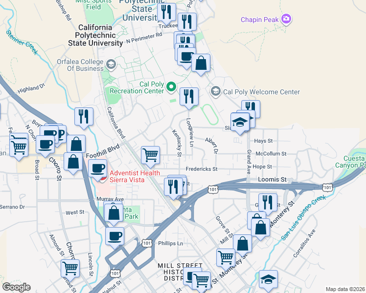 map of restaurants, bars, coffee shops, grocery stores, and more near 250 Kentucky Street in San Luis Obispo
